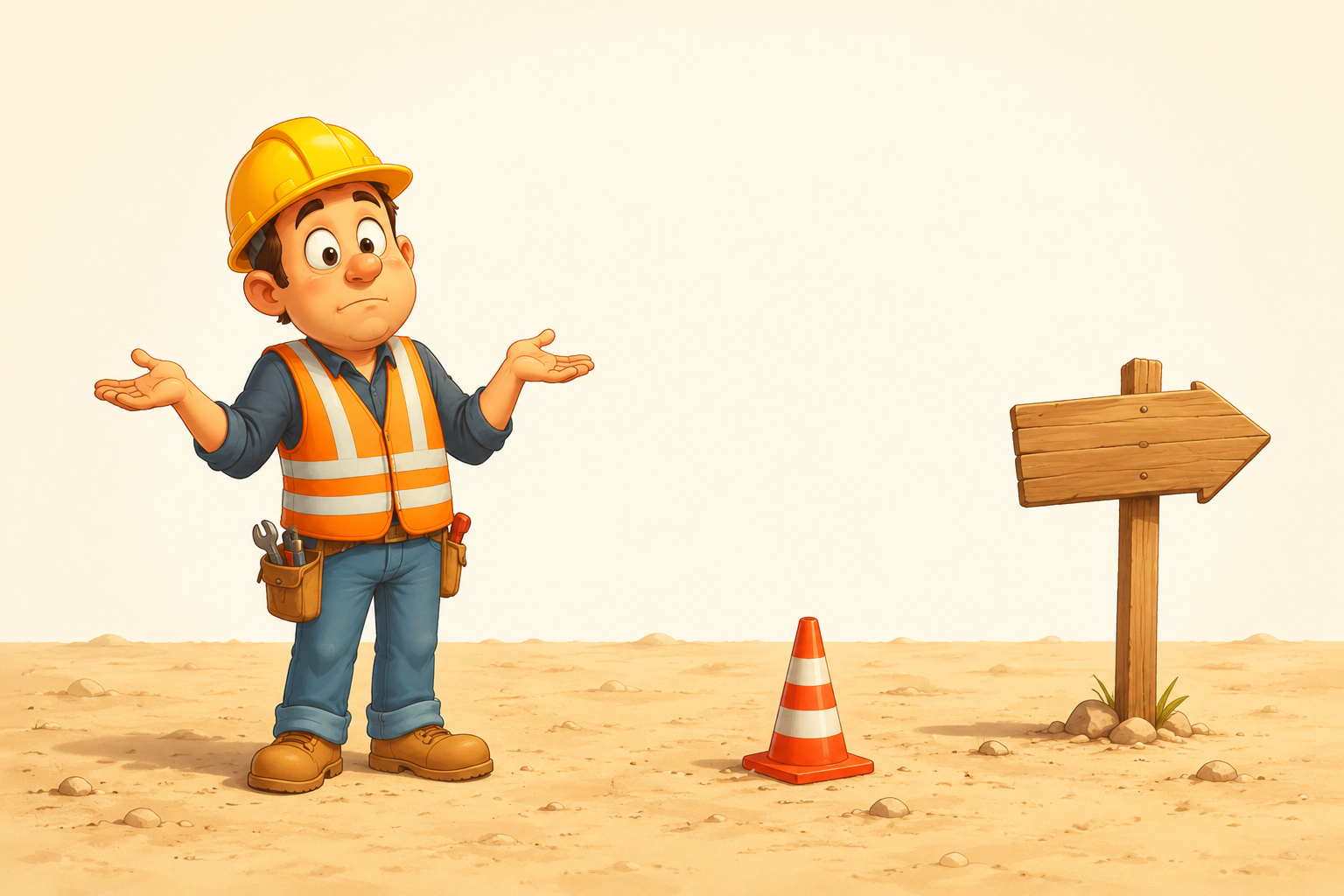 Ein ratloser Bauarbeiter auf einer leeren Baustelle